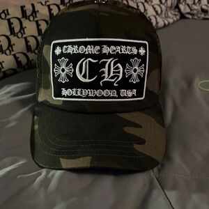 Chrome Hearts Black & Olive Camo CH Patch Trucker Cap. Read